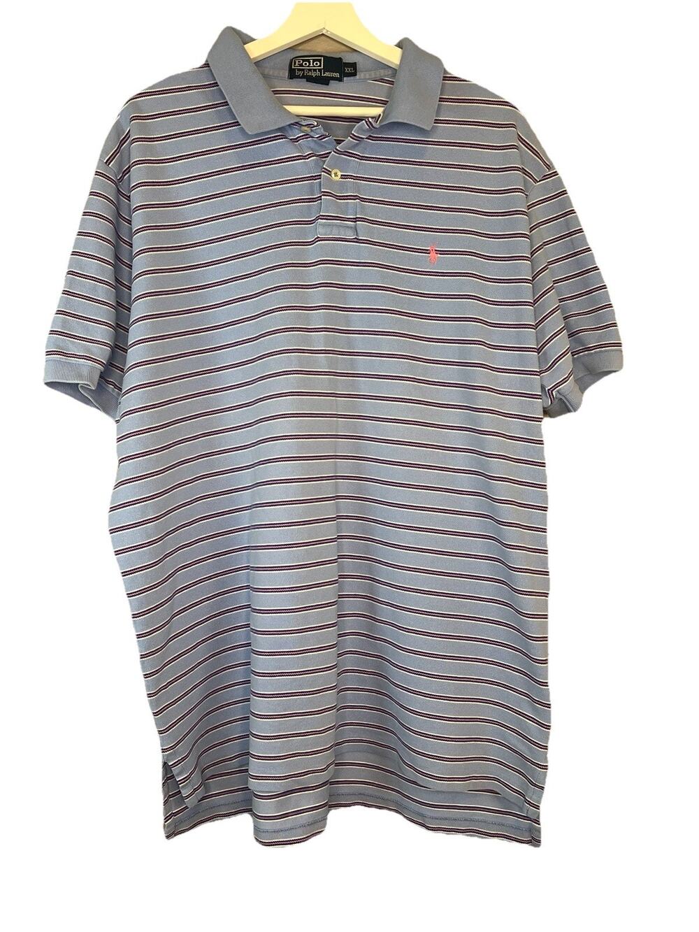 Vintage Polo Ralph Lauren Men's 2XL Blue White Pink Striped Polo Shirt Pink Pony